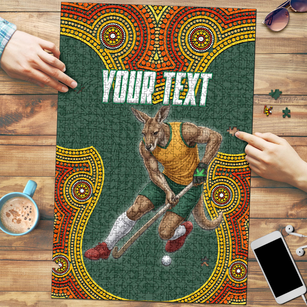 Personalized Kookaburras Field Hockey Puzzle Kangaroo Australian Indigenous Dot Art Style With Vibrant Sun Patterns