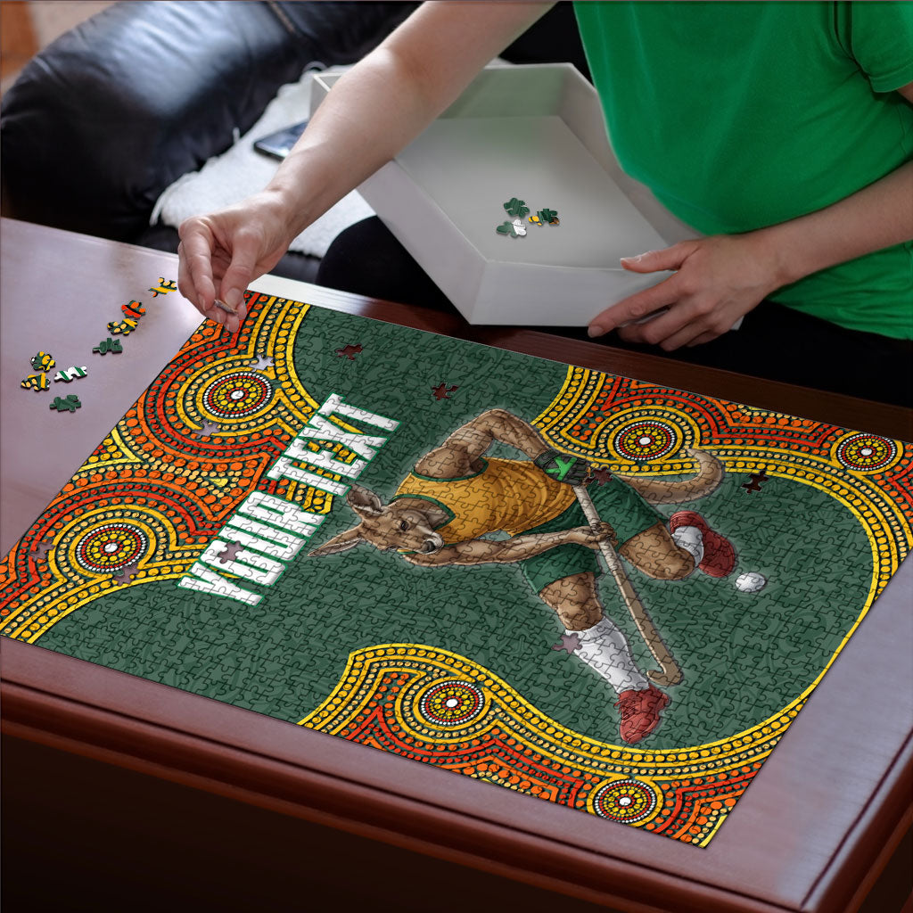 Personalized Kookaburras Field Hockey Puzzle Kangaroo Australian Indigenous Dot Art Style With Vibrant Sun Patterns