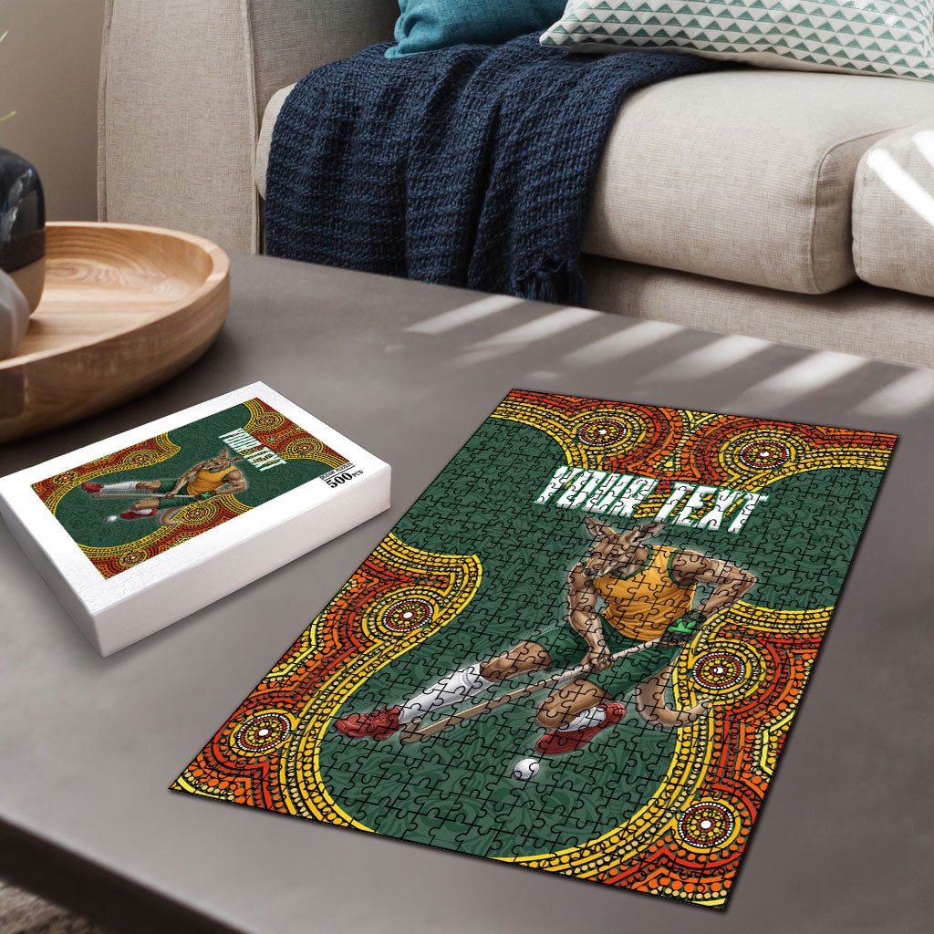 Personalized Kookaburras Field Hockey Puzzle Kangaroo Australian Indigenous Dot Art Style With Vibrant Sun Patterns