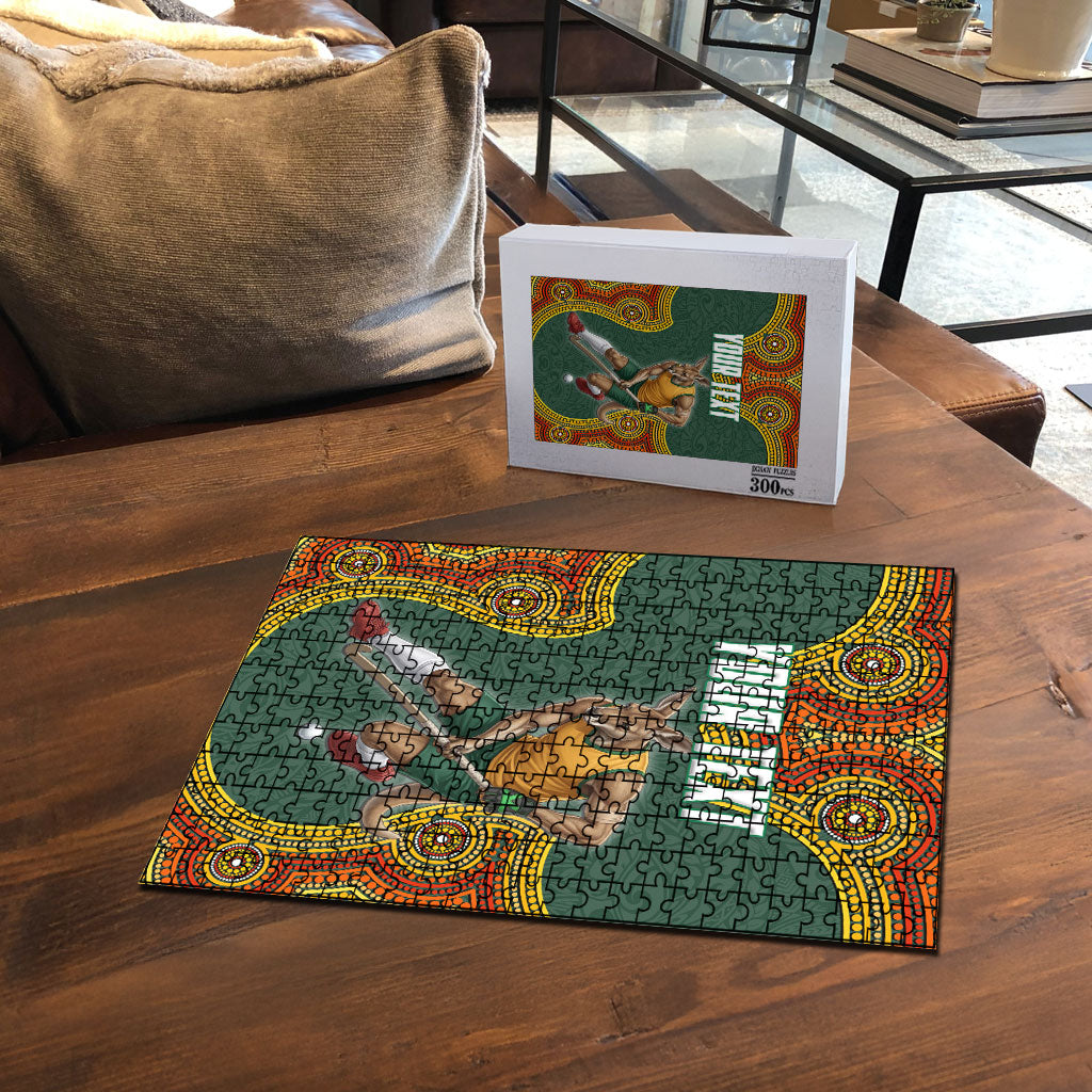 Personalized Kookaburras Field Hockey Puzzle Kangaroo Australian Indigenous Dot Art Style With Vibrant Sun Patterns
