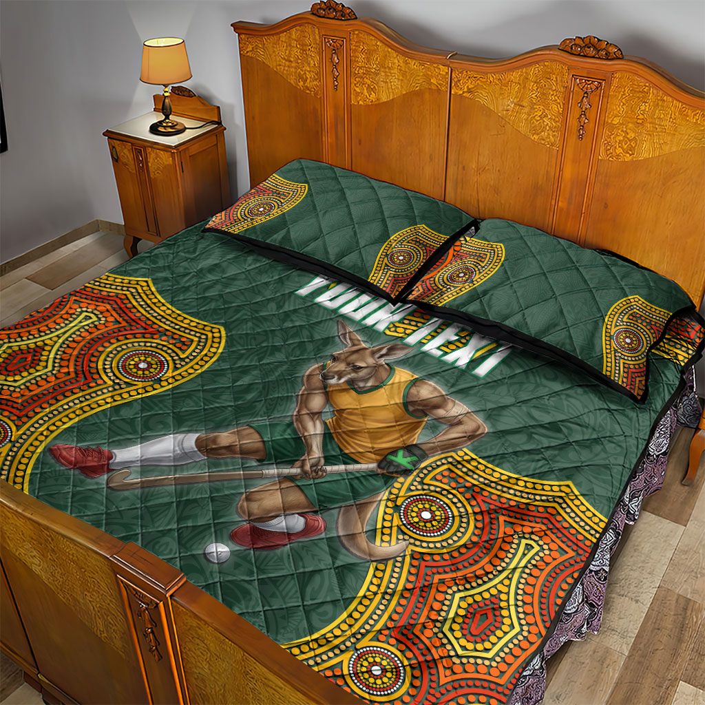Personalized Kookaburras Field Hockey Quilt Bed Set Kangaroo Australian Indigenous Dot Art Style With Vibrant Sun Patterns