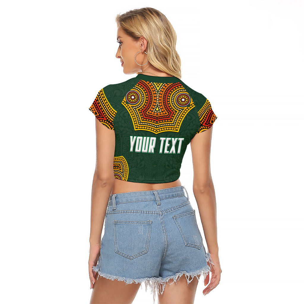 Personalized Kookaburras Field Hockey Raglan Cropped T Shirt Kangaroo Australian Indigenous Dot Art Style With Vibrant Sun Patterns