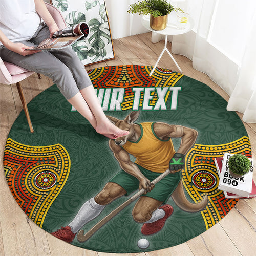 Personalized Kookaburras Field Hockey Round Carpet Kangaroo Australian Indigenous Dot Art Style With Vibrant Sun Patterns