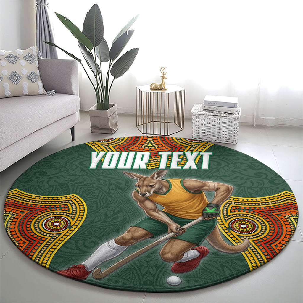 Personalized Kookaburras Field Hockey Round Carpet Kangaroo Australian Indigenous Dot Art Style With Vibrant Sun Patterns