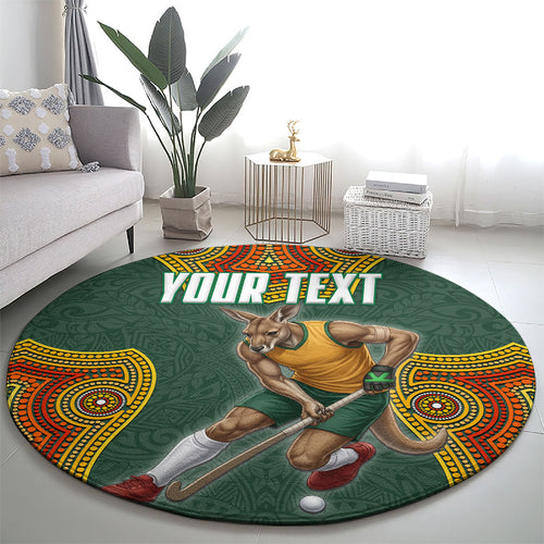 Personalized Kookaburras Field Hockey Round Carpet Kangaroo Australian Indigenous Dot Art Style With Vibrant Sun Patterns