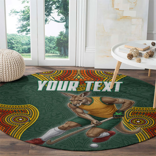 Personalized Kookaburras Field Hockey Round Carpet Kangaroo Australian Indigenous Dot Art Style With Vibrant Sun Patterns