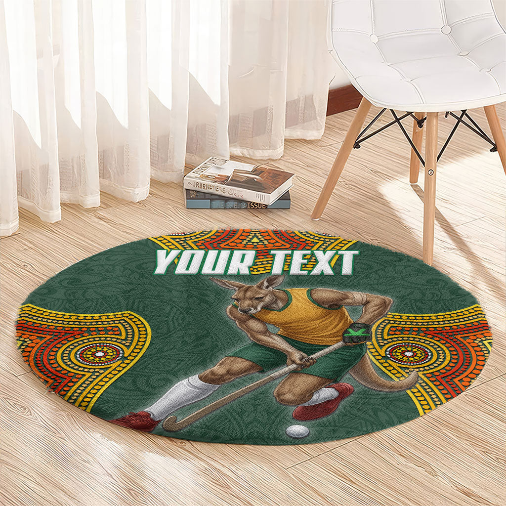 Personalized Kookaburras Field Hockey Round Carpet Kangaroo Australian Indigenous Dot Art Style With Vibrant Sun Patterns