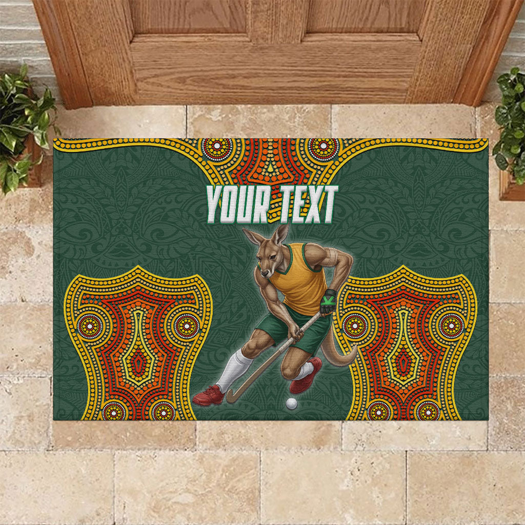 Personalized Kookaburras Field Hockey Rubber Doormat Kangaroo Australian Indigenous Dot Art Style With Vibrant Sun Patterns