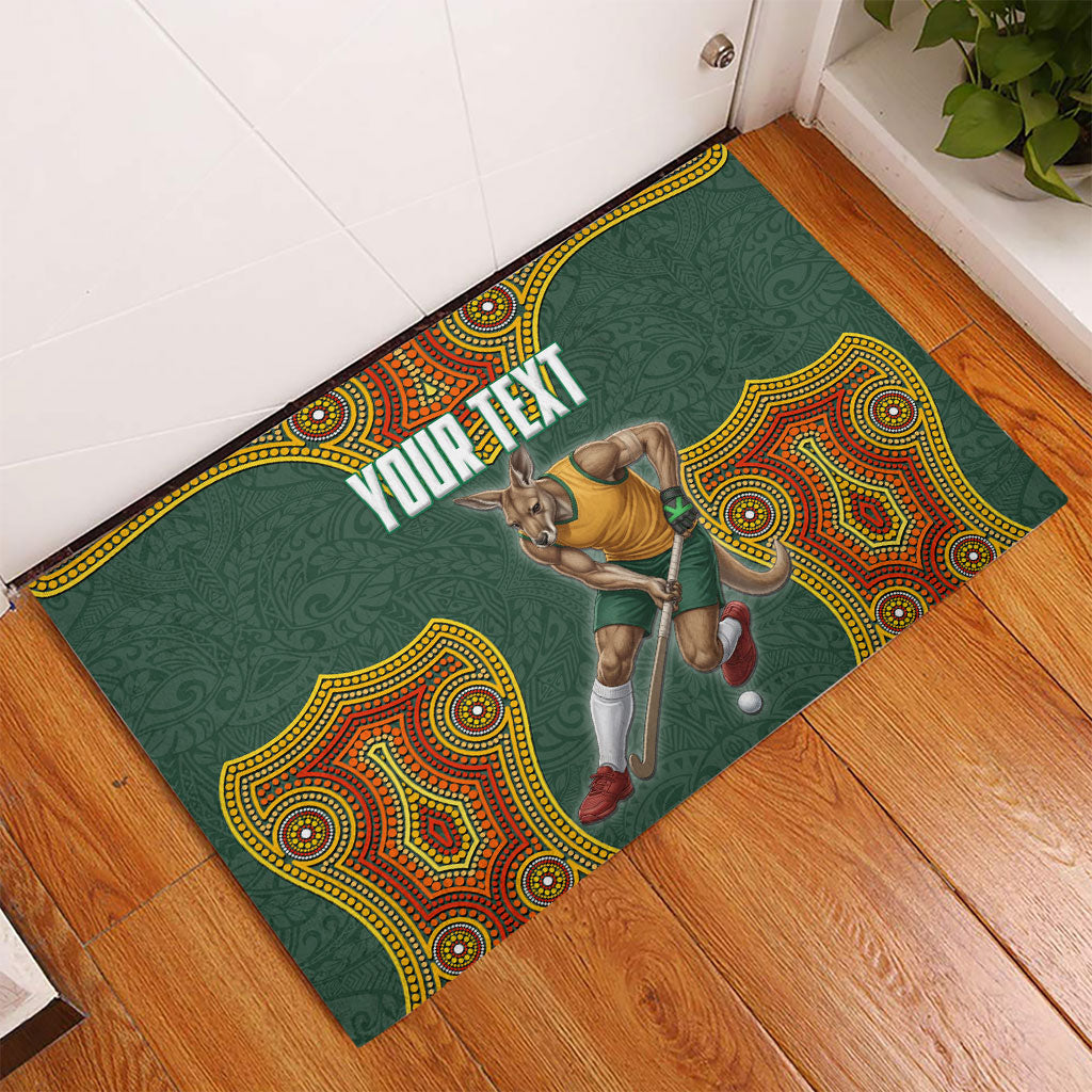 Personalized Kookaburras Field Hockey Rubber Doormat Kangaroo Australian Indigenous Dot Art Style With Vibrant Sun Patterns