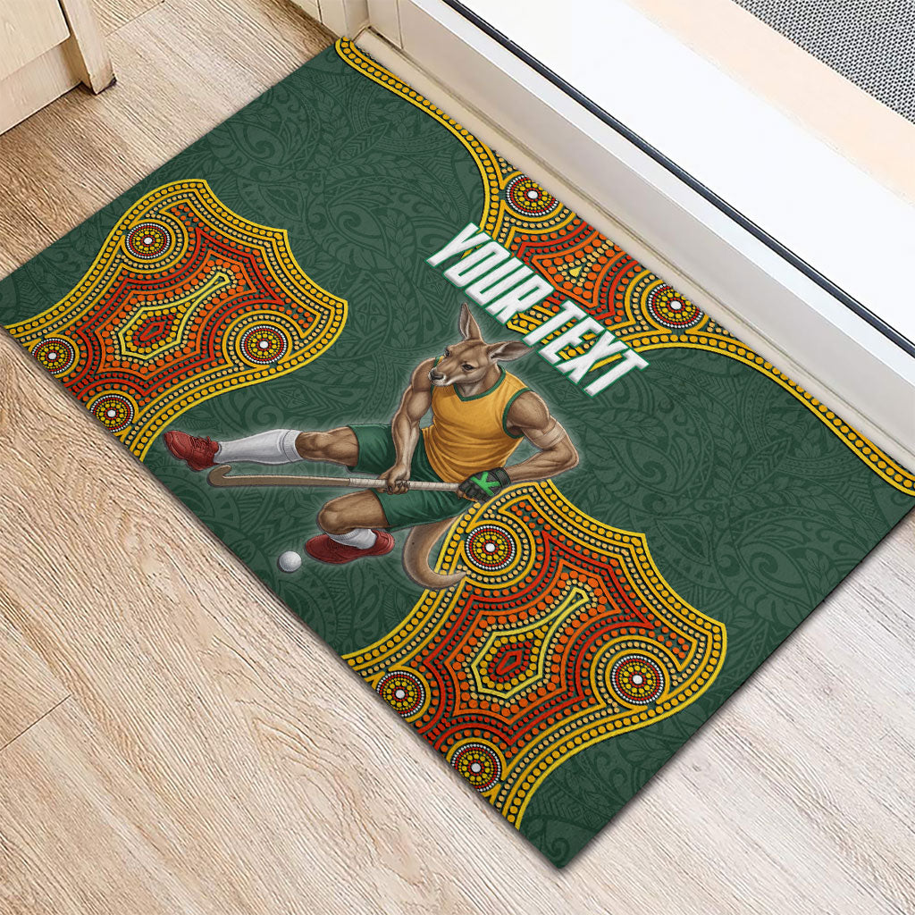 Personalized Kookaburras Field Hockey Rubber Doormat Kangaroo Australian Indigenous Dot Art Style With Vibrant Sun Patterns