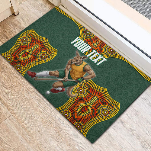 Personalized Kookaburras Field Hockey Rubber Doormat Kangaroo Australian Indigenous Dot Art Style With Vibrant Sun Patterns