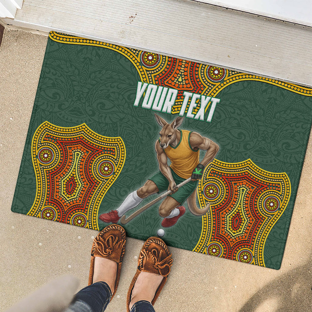 Personalized Kookaburras Field Hockey Rubber Doormat Kangaroo Australian Indigenous Dot Art Style With Vibrant Sun Patterns