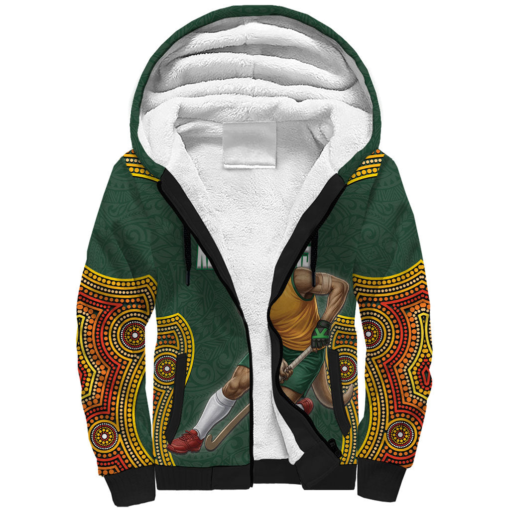 Personalized Kookaburras Field Hockey Sherpa Hoodie Kangaroo Australian Indigenous Dot Art Style With Vibrant Sun Patterns