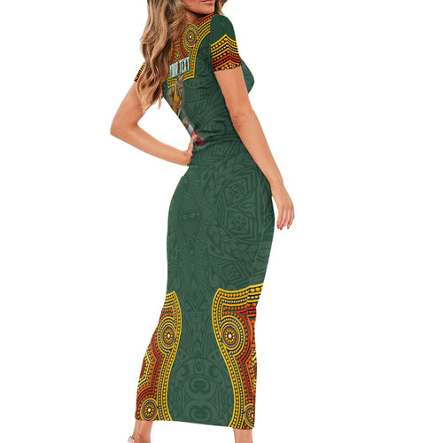 Personalized Kookaburras Field Hockey Short Sleeve Bodycon Dress Kangaroo Australian Indigenous Dot Art Style With Vibrant Sun Patterns