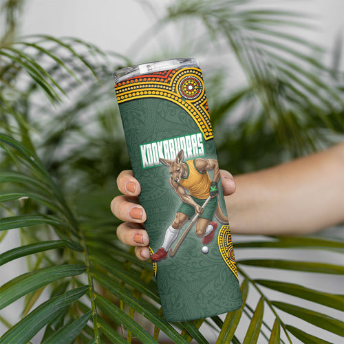 Personalized Kookaburras Field Hockey Skinny Tumbler Kangaroo Australian Indigenous Dot Art Style With Vibrant Sun Patterns