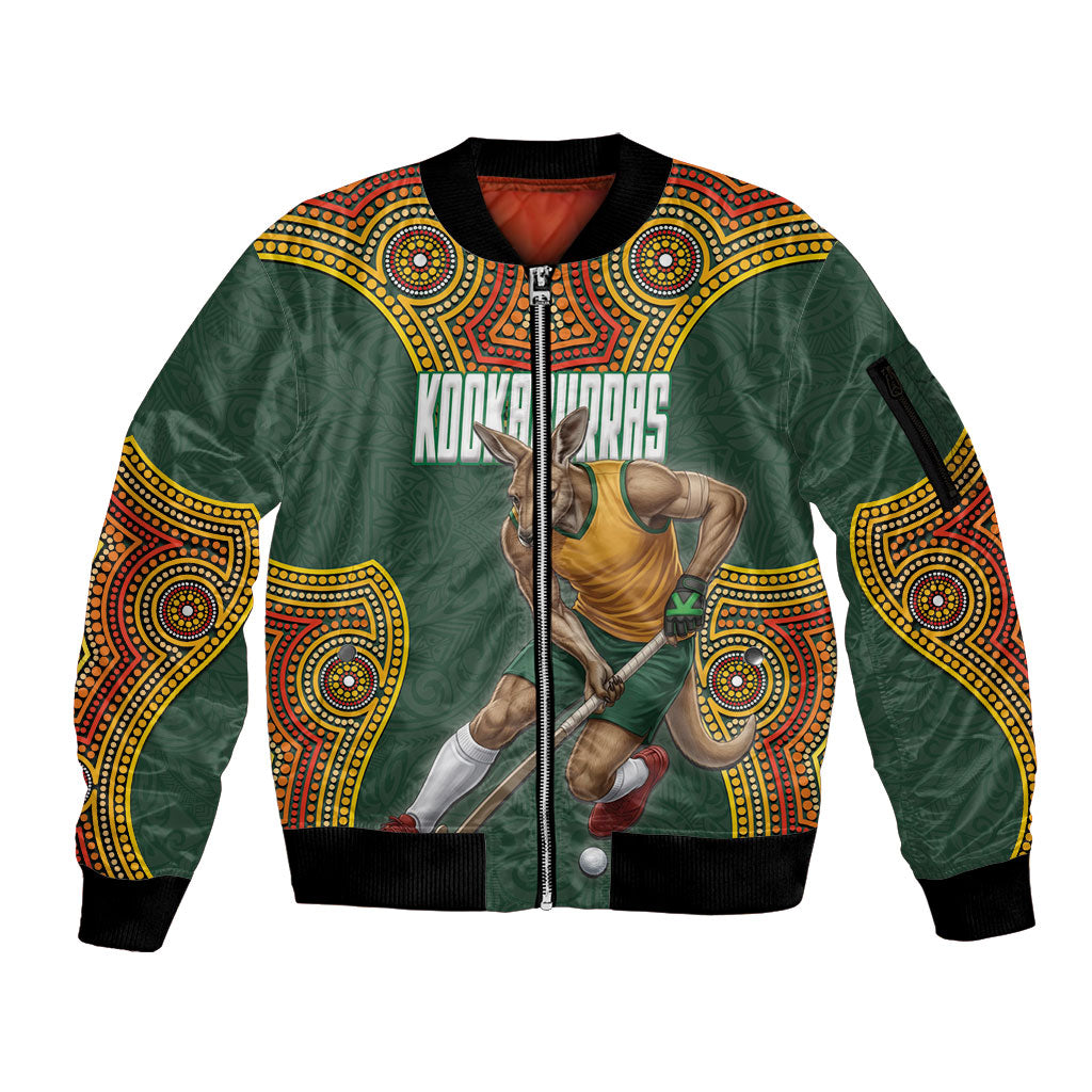 Personalized Kookaburras Field Hockey Sleeve Zip Bomber Jacket Kangaroo Australian Indigenous Dot Art Style With Vibrant Sun Patterns