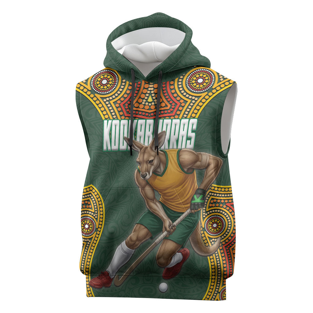 Personalized Kookaburras Field Hockey Sleeveless Hoodie Kangaroo Australian Indigenous Dot Art Style With Vibrant Sun Patterns