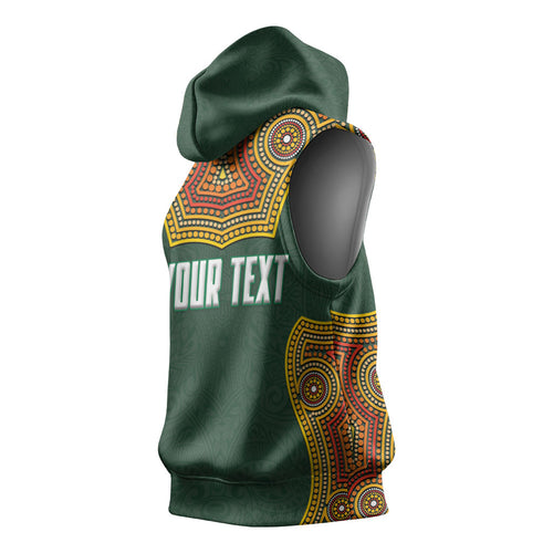 Personalized Kookaburras Field Hockey Sleeveless Hoodie Kangaroo Australian Indigenous Dot Art Style With Vibrant Sun Patterns
