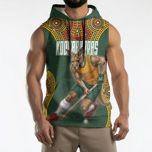 Personalized Kookaburras Field Hockey Sleeveless Hoodie Kangaroo Australian Indigenous Dot Art Style With Vibrant Sun Patterns