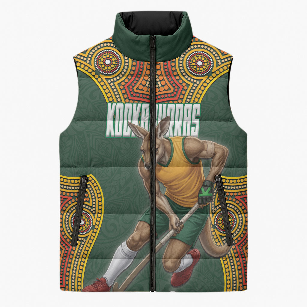 Personalized Kookaburras Field Hockey Sleeveless Puffer Jacket Kangaroo Australian Indigenous Dot Art Style With Vibrant Sun Patterns