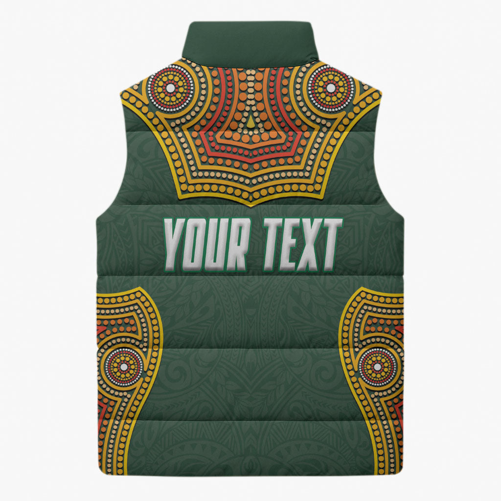 Personalized Kookaburras Field Hockey Sleeveless Puffer Jacket Kangaroo Australian Indigenous Dot Art Style With Vibrant Sun Patterns
