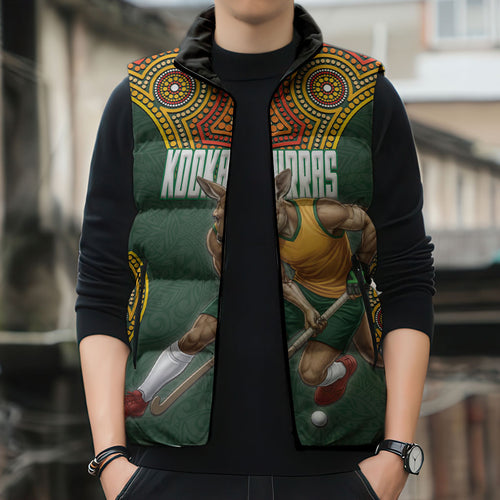 Personalized Kookaburras Field Hockey Sleeveless Puffer Jacket Kangaroo Australian Indigenous Dot Art Style With Vibrant Sun Patterns