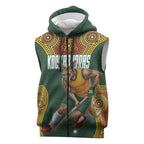 Personalized Kookaburras Field Hockey Sleeveless Zip Hoodie Kangaroo Australian Indigenous Dot Art Style With Vibrant Sun Patterns