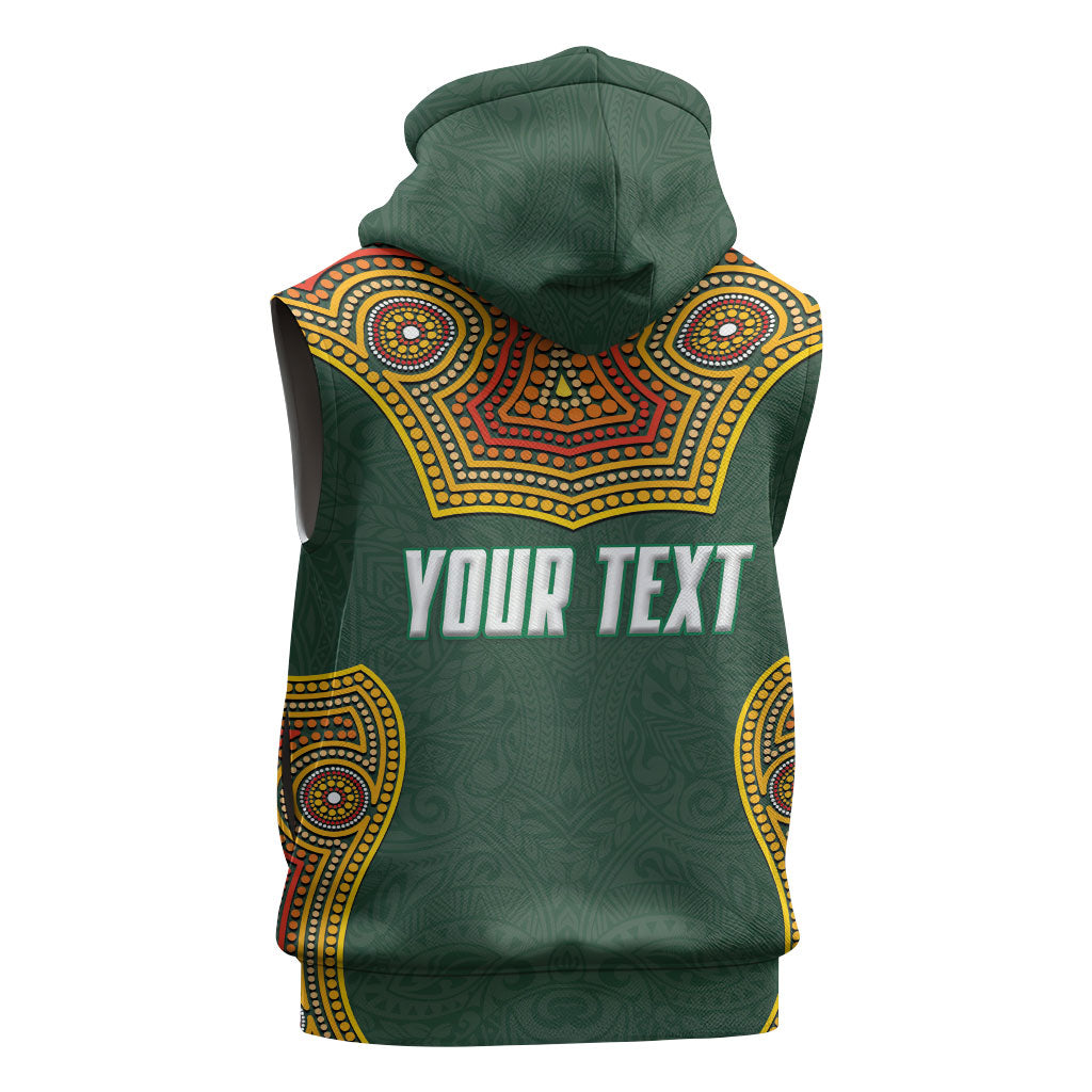 Personalized Kookaburras Field Hockey Sleeveless Zip Hoodie Kangaroo Australian Indigenous Dot Art Style With Vibrant Sun Patterns