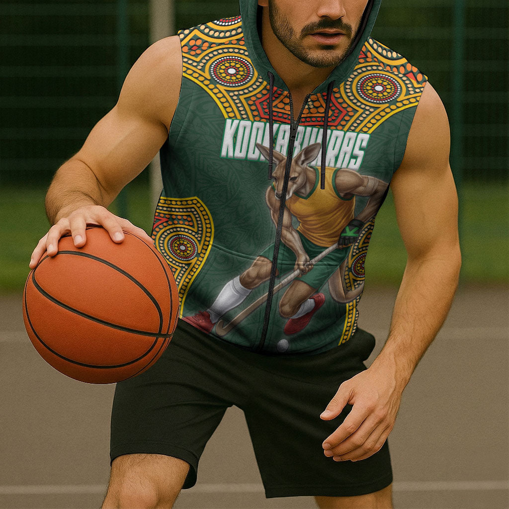Personalized Kookaburras Field Hockey Sleeveless Zip Hoodie Kangaroo Australian Indigenous Dot Art Style With Vibrant Sun Patterns