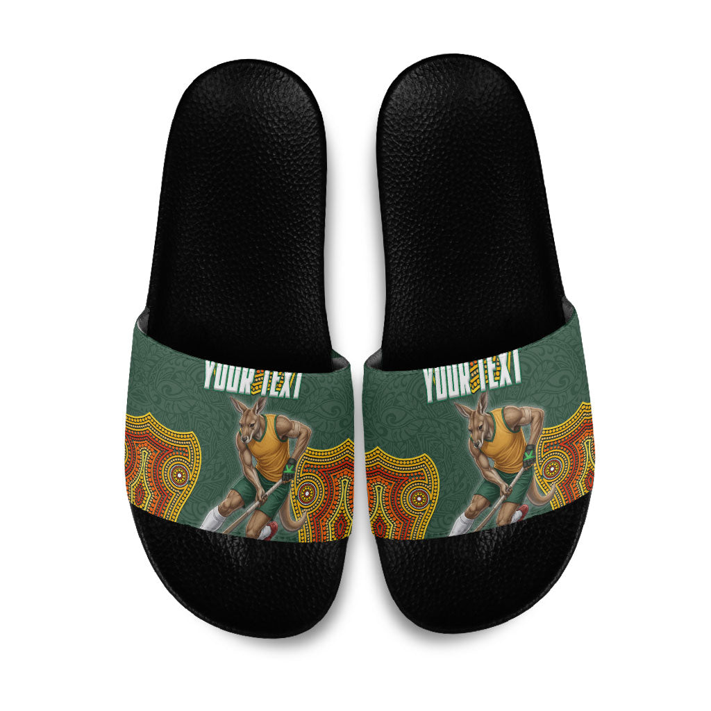 Personalized Kookaburras Field Hockey Slide Sandals Kangaroo Australian Indigenous Dot Art Style With Vibrant Sun Patterns