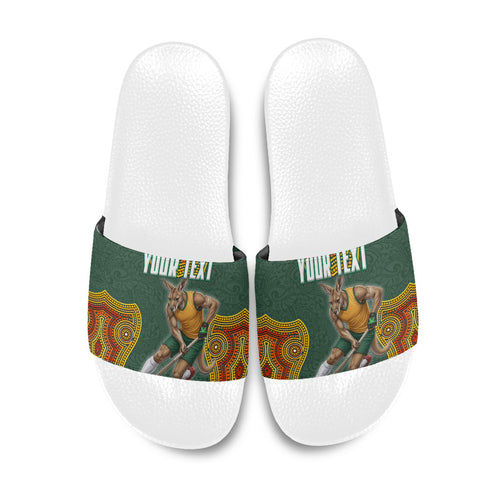 Personalized Kookaburras Field Hockey Slide Sandals Kangaroo Australian Indigenous Dot Art Style With Vibrant Sun Patterns