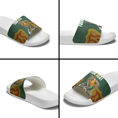 Personalized Kookaburras Field Hockey Slide Sandals Kangaroo Australian Indigenous Dot Art Style With Vibrant Sun Patterns