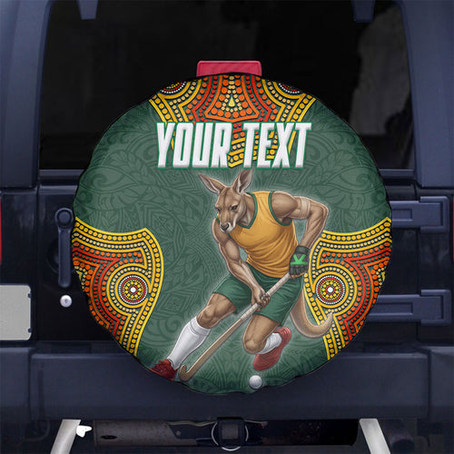 Personalized Kookaburras Field Hockey Spare Tire Cover Kangaroo Australian Indigenous Dot Art Style With Vibrant Sun Patterns