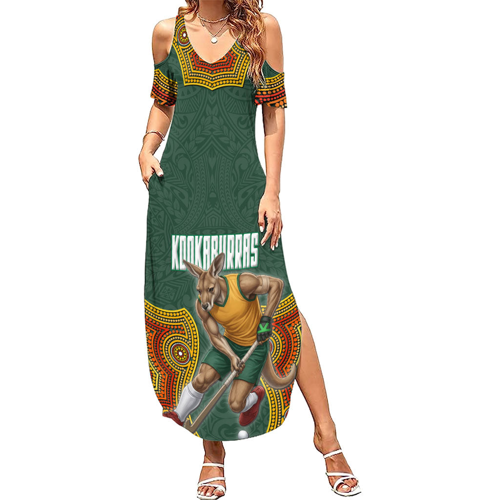 Personalized Kookaburras Field Hockey Summer Maxi Dress Kangaroo Australian Indigenous Dot Art Style With Vibrant Sun Patterns