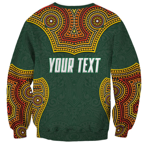 Personalized Kookaburras Field Hockey Sweatshirt Kangaroo Australian Indigenous Dot Art Style With Vibrant Sun Patterns