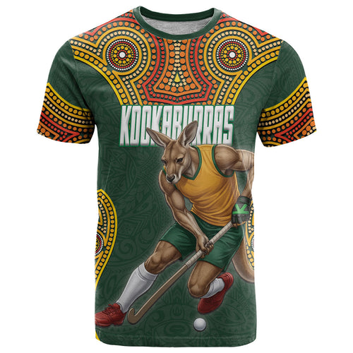 Personalized Kookaburras Field Hockey T Shirt Kangaroo Australian Indigenous Dot Art Style With Vibrant Sun Patterns