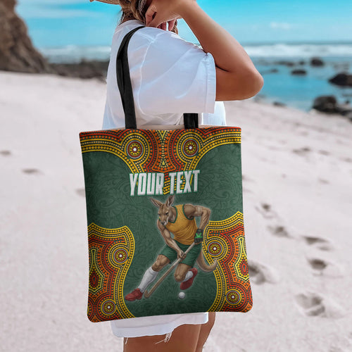 Personalized Kookaburras Field Hockey Tote Bag Kangaroo Australian Indigenous Dot Art Style With Vibrant Sun Patterns