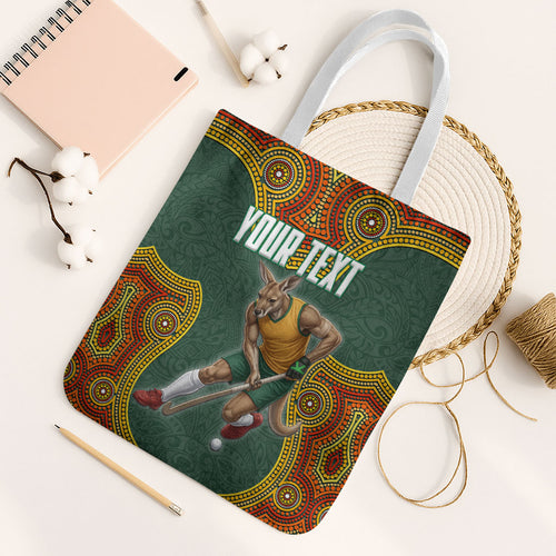 Personalized Kookaburras Field Hockey Tote Bag Kangaroo Australian Indigenous Dot Art Style With Vibrant Sun Patterns