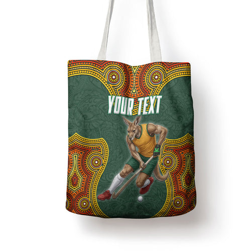 Personalized Kookaburras Field Hockey Tote Bag Kangaroo Australian Indigenous Dot Art Style With Vibrant Sun Patterns