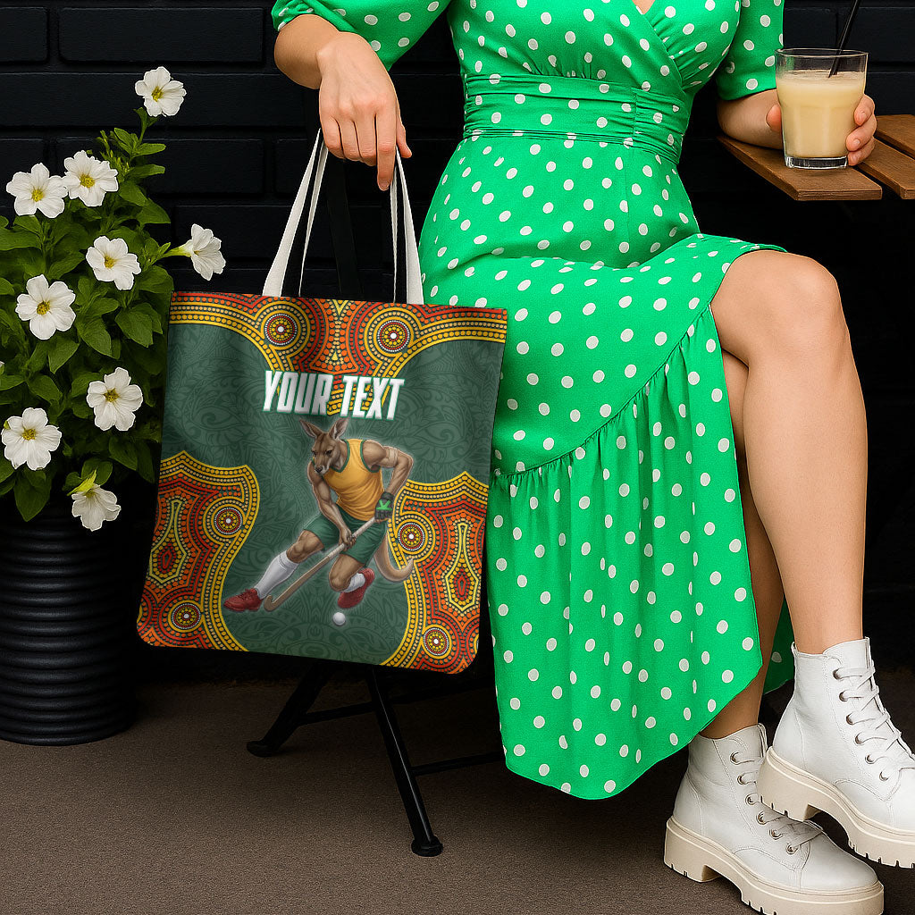 Personalized Kookaburras Field Hockey Tote Bag Kangaroo Australian Indigenous Dot Art Style With Vibrant Sun Patterns