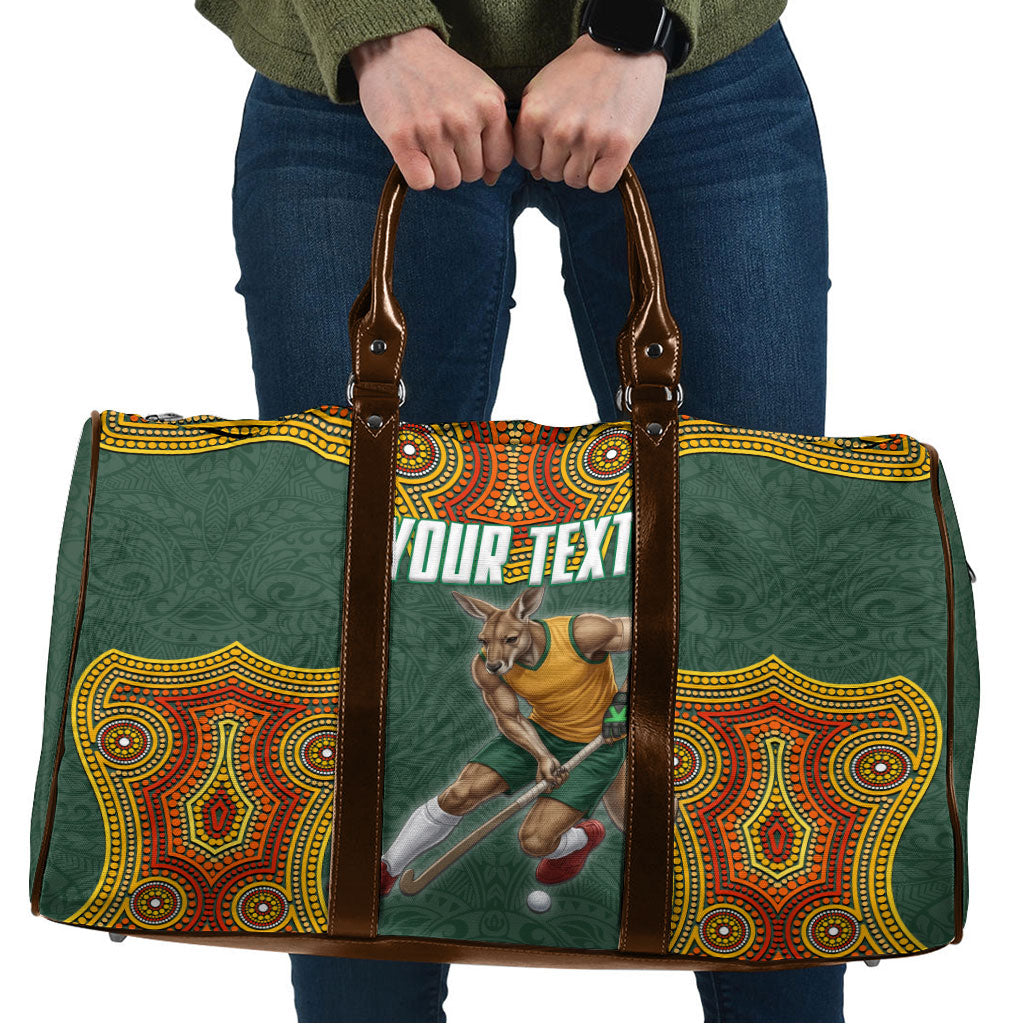 Personalized Kookaburras Field Hockey Travel Bag Kangaroo Australian Indigenous Dot Art Style With Vibrant Sun Patterns