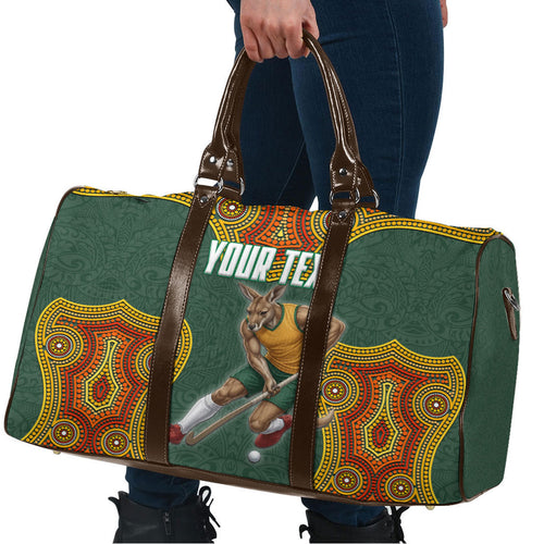 Personalized Kookaburras Field Hockey Travel Bag Kangaroo Australian Indigenous Dot Art Style With Vibrant Sun Patterns