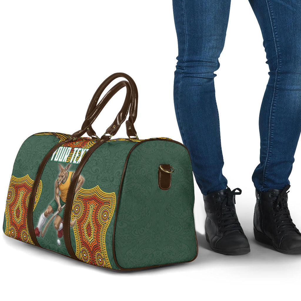 Personalized Kookaburras Field Hockey Travel Bag Kangaroo Australian Indigenous Dot Art Style With Vibrant Sun Patterns