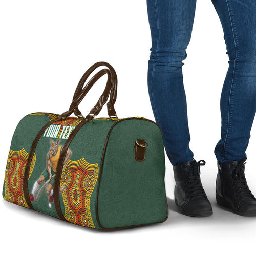 Personalized Kookaburras Field Hockey Travel Bag Kangaroo Australian Indigenous Dot Art Style With Vibrant Sun Patterns