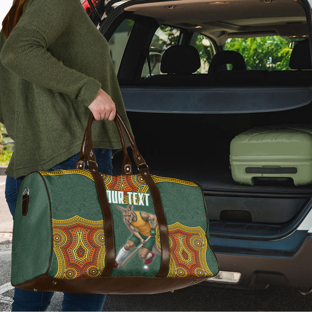 Personalized Kookaburras Field Hockey Travel Bag Kangaroo Australian Indigenous Dot Art Style With Vibrant Sun Patterns