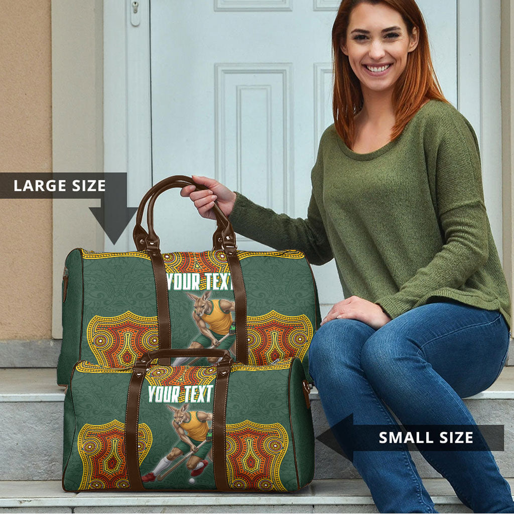 Personalized Kookaburras Field Hockey Travel Bag Kangaroo Australian Indigenous Dot Art Style With Vibrant Sun Patterns