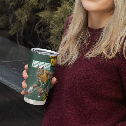 Personalized Kookaburras Field Hockey Tumbler Cup Kangaroo Australian Indigenous Dot Art Style With Vibrant Sun Patterns