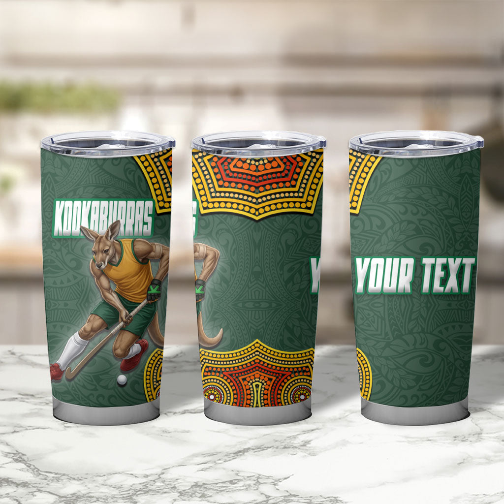 Personalized Kookaburras Field Hockey Tumbler Cup Kangaroo Australian Indigenous Dot Art Style With Vibrant Sun Patterns