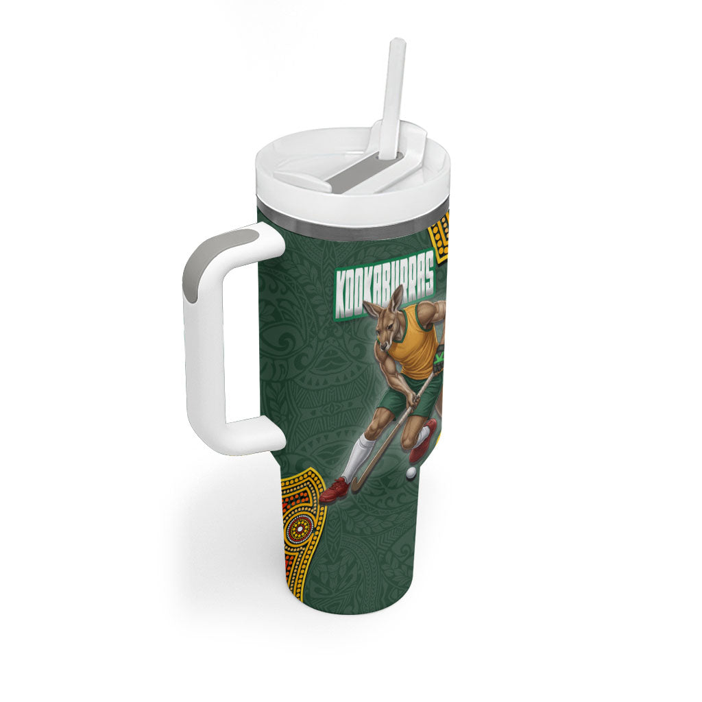 Personalized Kookaburras Field Hockey Tumbler With Handle Kangaroo Australian Indigenous Dot Art Style With Vibrant Sun Patterns