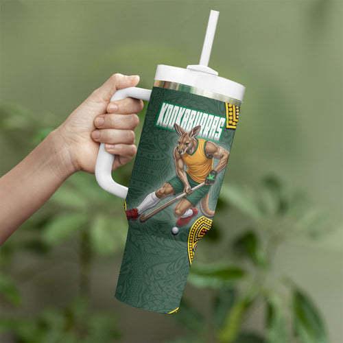 Personalized Kookaburras Field Hockey Tumbler With Handle Kangaroo Australian Indigenous Dot Art Style With Vibrant Sun Patterns